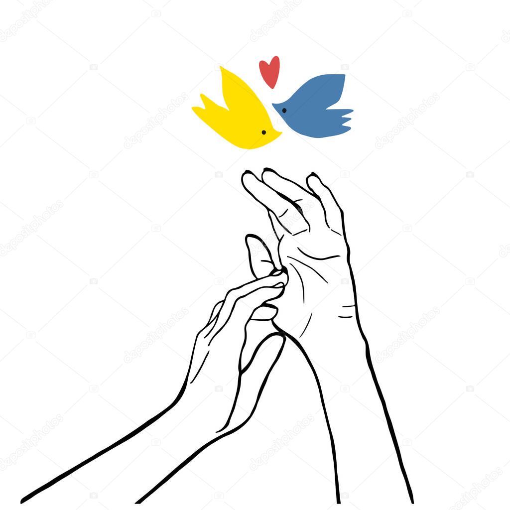   Two arms and blue-yellow doves symbolize peace glory to Ukrainian couple lovers reunion after the war finishing, stop the war and patriotism concept, peace in Ukraine