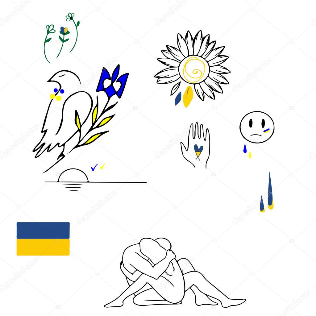   conceptual art set of No War in Ukraine symbols, dove, peace symbol, flower, and flag