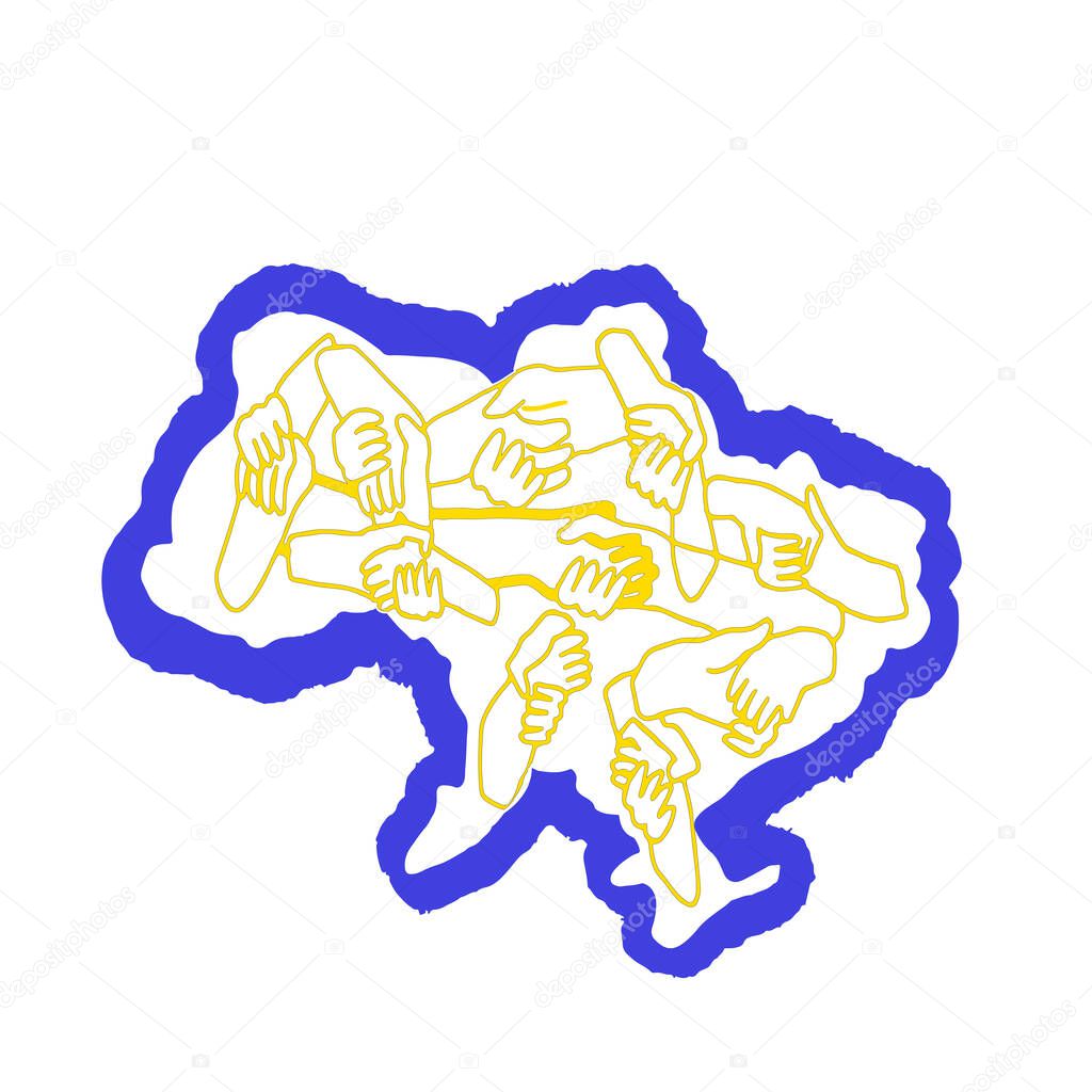  Stop the war in Ukraine. Drawing of Hands holding together in borders of Ukraine, Drawings with colors of the Ukrainian flag, Vector illustration