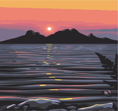   Denizin üzerinde gün batımının vektör çizimi