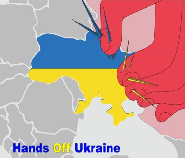  Ukrayna 'daki savaşı durdurun. Ukrayna sınırlarının çizilmesi ve bölgeyi ele geçirmeye çalışan iğne delici eller Ukrayna 'nın savunma tepkisi Ukrayna bayrağının renkleriyle çizimler, Ukrayna' dan Çekilen Eller 'in Vektör çizim konsepti.