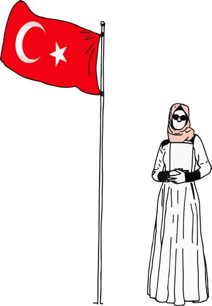 Vector Illustration Muslim Girl Turkey Flag — Stock Vector