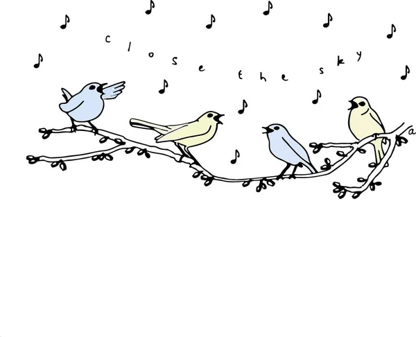 木の枝で歌うかわいい小鳥のベクトルイラスト — ストックベクタ