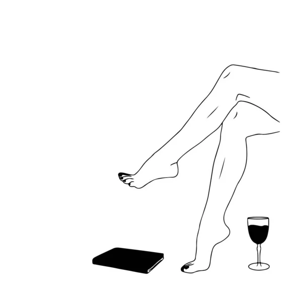 Illustration Vectorielle Pieds Nus Féminins Verre Vin — Image vectorielle