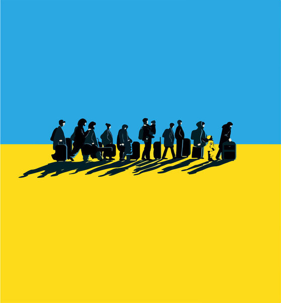  Силуэты беженцев на сине-желтом фоне, Остановить войну и концепцию мира в Украине