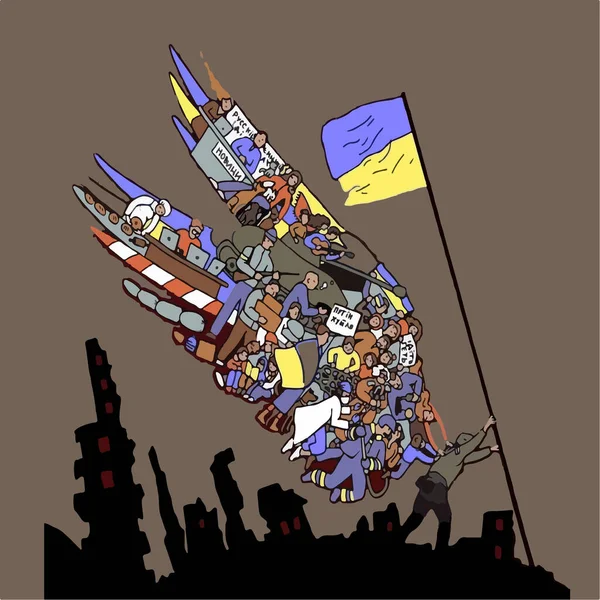 Wektorowa Ilustracja Żołnierza Dużymi Skrzydłami Wbijającego Ukraińską Flagę Ziemię Patriotyczni — Wektor stockowy