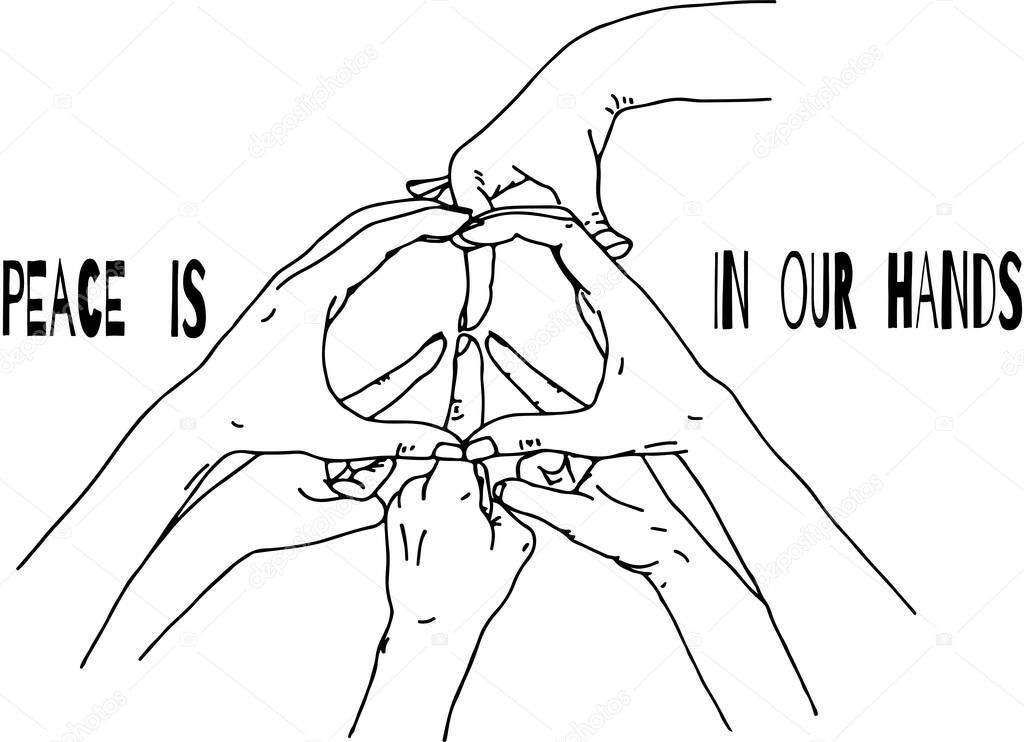 Peace in our hands. Drawing of People silhouettes hands holding together, together forming a peace gesture with their hands, Vector illustration of There's great strength in unity concept 