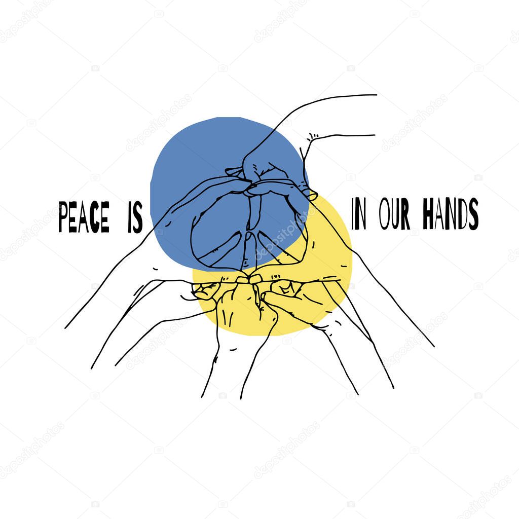 Peace in our hands. Drawing of People silhouettes hands holding together on the blue-yellow template, together forming a peace gesture with their hands, Vector illustration of There's great strength in unity concept 