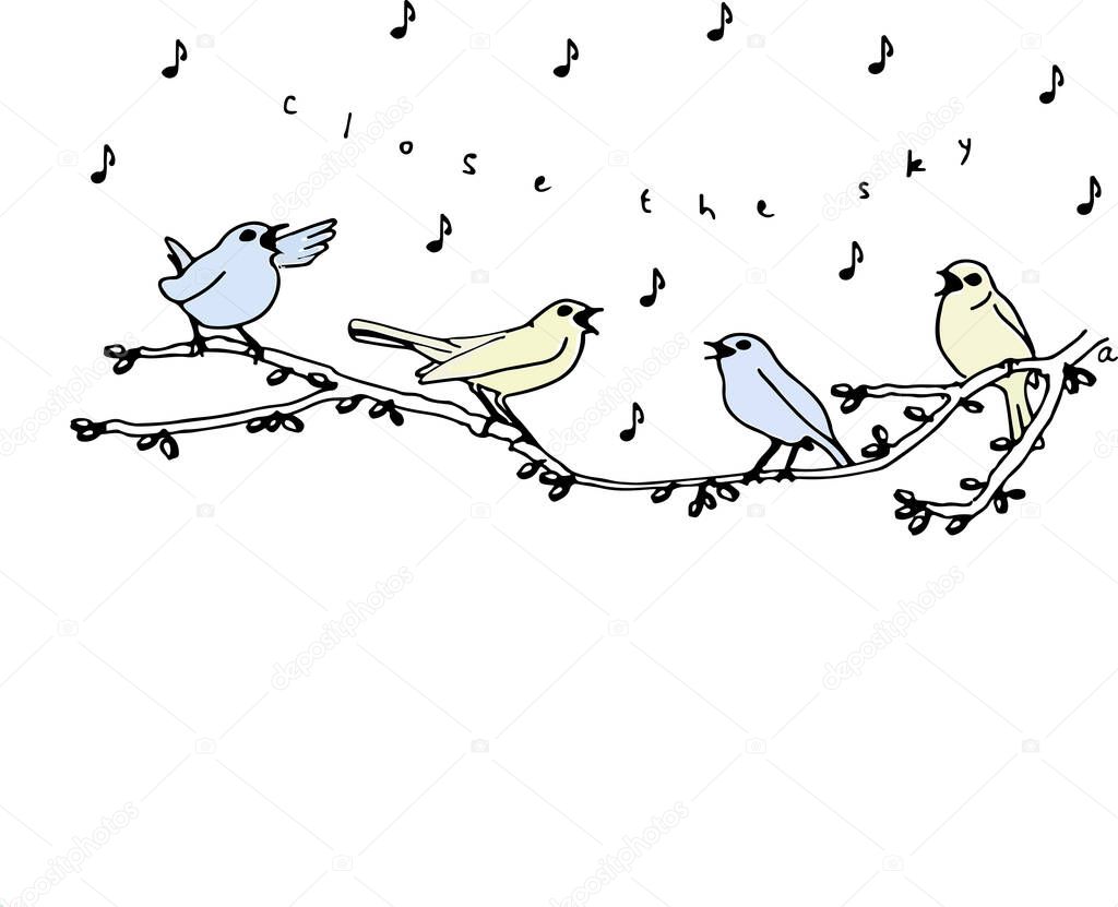   Vector illustration of cute small birds singing on the tree branch