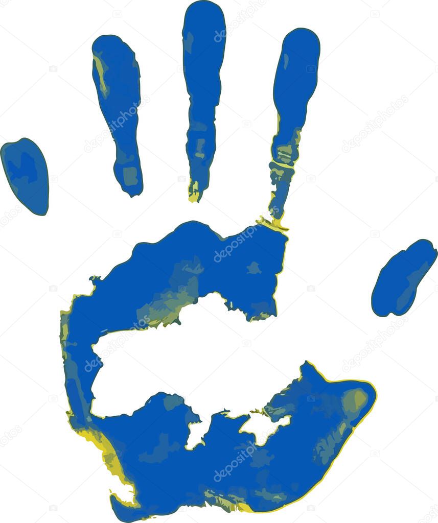 Drawing of the blue-yellow handprint, Stop gesture, Vector illustration of Stop the War in Ukraine concept 