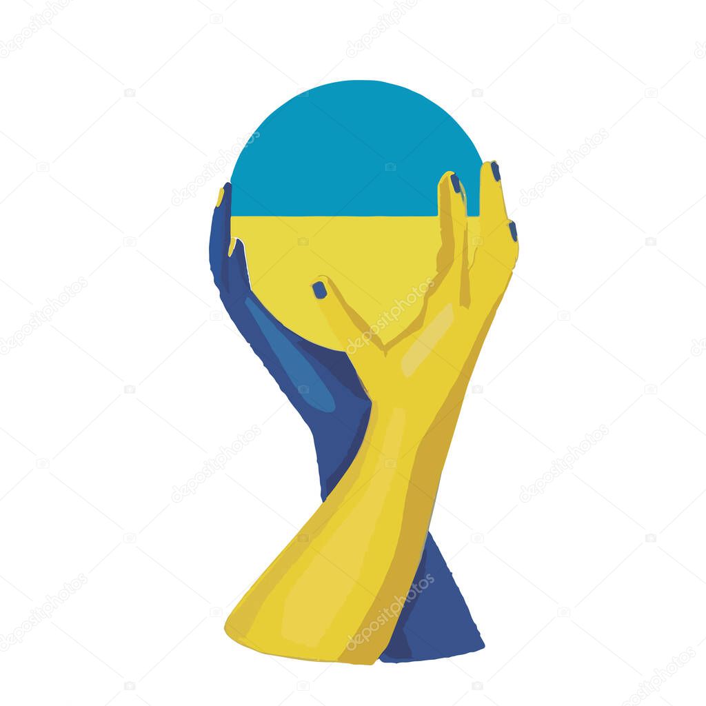   Two blue-yellow arms holding a sphere, symbolize peace glory to Ukrainian and There's great strength in unity concept, stop the war and patriotism concept, peace in Ukraine
