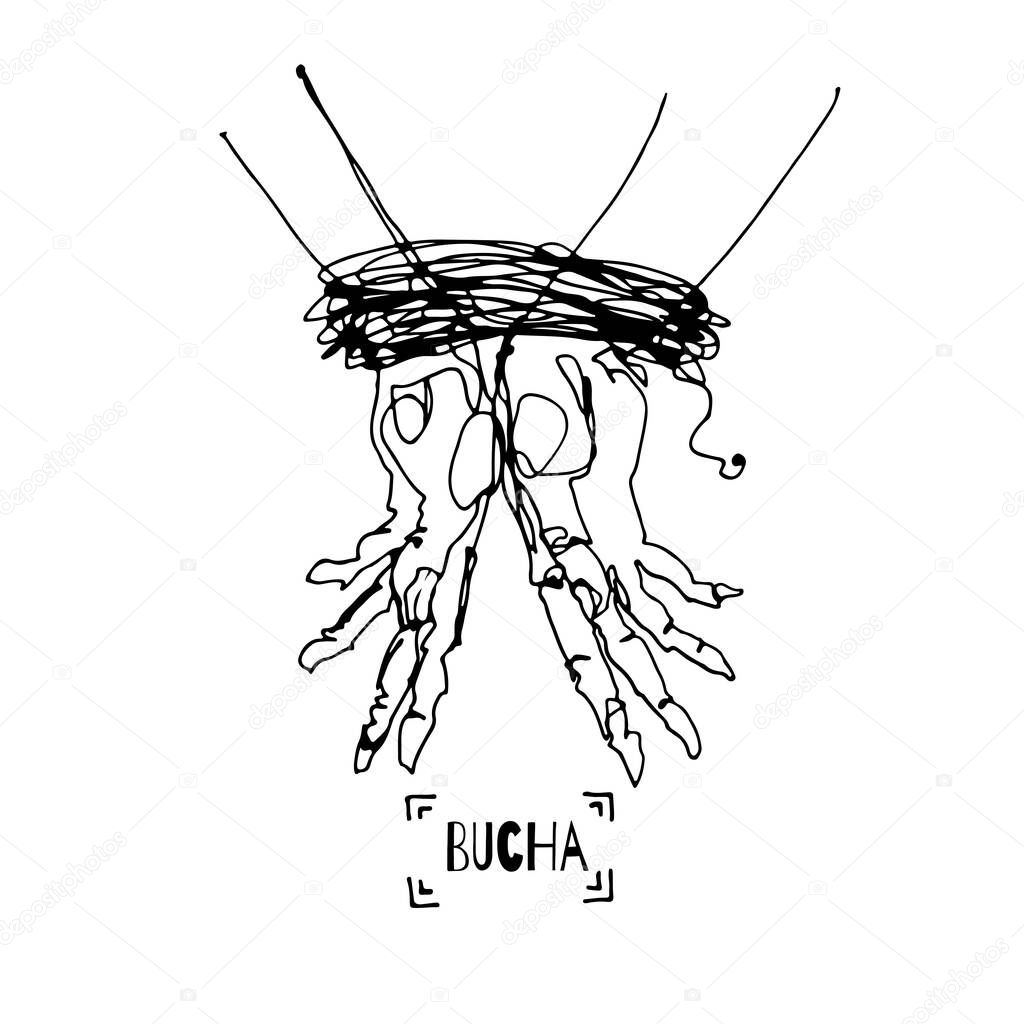   Vector illustration of hurt tied female hands with Bucha lettering, Concept of Female victim of violence and traumatized women by Russian soldiers bullying, Stop the War, Stop Russian aggression against Ukraine concept