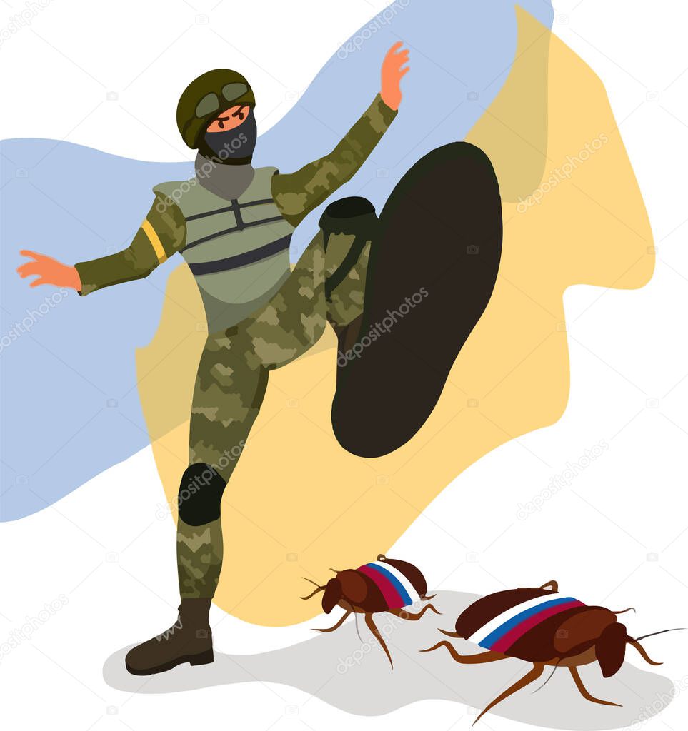 vector illustration of a man dressed in military uniform crushing cockroaches with Russian marks. Military man. Ukrainian army guard in uniform. Patriotic people, Armed Forces of Ukraine (AFU) concept
