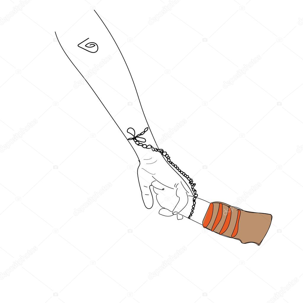 Vector illustration of mother's hand tied to her child's hand. forced measures of mothers not to lose their children, in the war in Ukraine