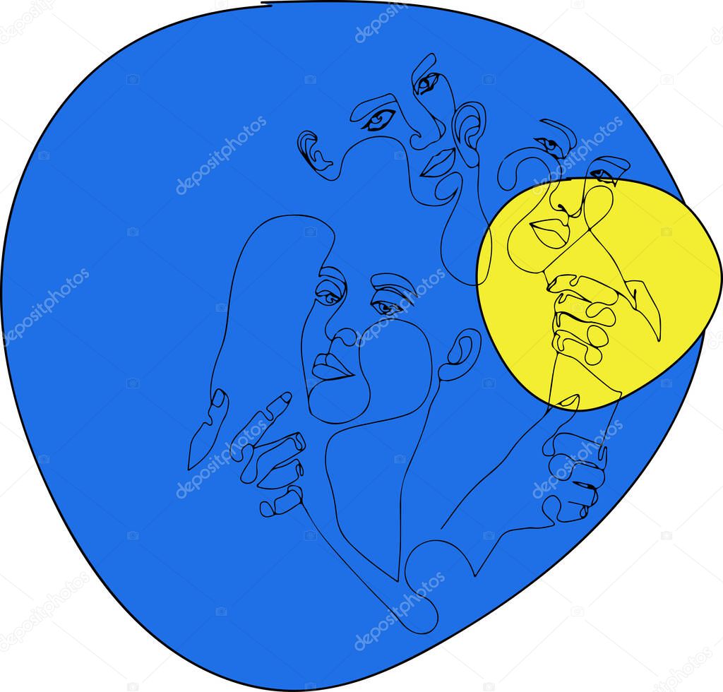  Stop the war in Ukraine. Drawing of People silhouettes hands holding together on the blue-yellow template, Vector illustration of There's great strength in unity concept 