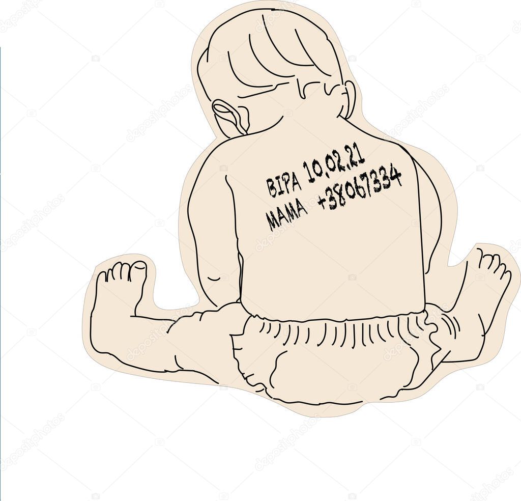 Vector illustration of kids name and mother's contacts on baby's back. forced measures of mothers in the event of their death or loss of a child, in the war in Ukraine