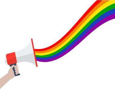   Megafondan gelen ses yerine gurur bayrağı renk çizgilerine sahip megafon, kavram, LGBT topluluğunun akıcı bir şekilde söylemesi ve duyulması anlamına gelir.  
