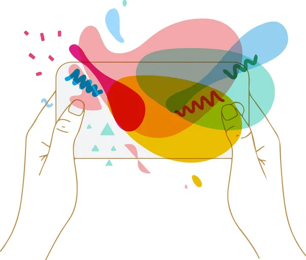 Διανυσματικό Σχέδιο Των Χεριών Που Κρατούν Smartphone Έγχρωμες Κηλίδες Χρώματος — Διανυσματικό Αρχείο