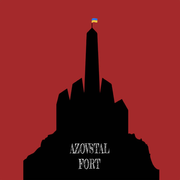   illustration of a black silhouette of Azovstal on a red background, Azovstal - the last Ukrainian fortress in the Russian-besieged city of Mariupol