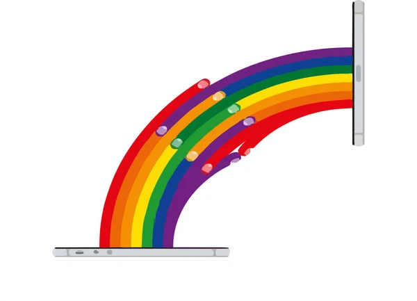 Illustration Deux Smartphones Connectés Par Des Mains Arc Ciel — Image vectorielle