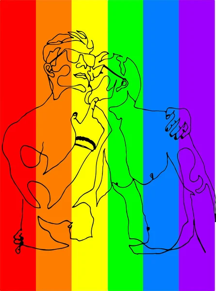 プライド旗色の背景にキスしている2人の男の輪郭のイラスト Lgbtの概念 — ストックベクタ