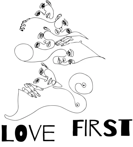 Schriftzug Love First Und Abstrakte Umrisse Weiblicher Gesichter Und Hände — Stockvektor