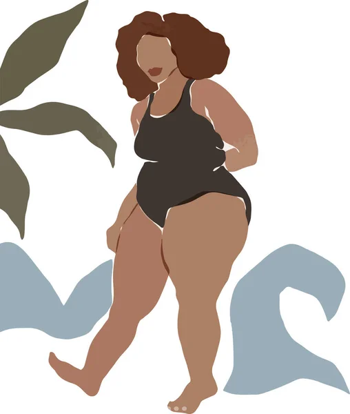 Illustration Une Belle Fille Robuste Maillot Bain Sur Plage Tout — Image vectorielle