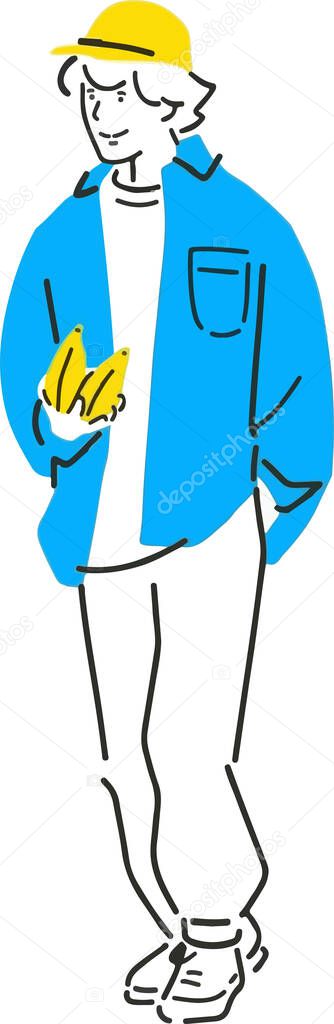   illustration of a man in a fashionable blue jacket and yellow hat, 