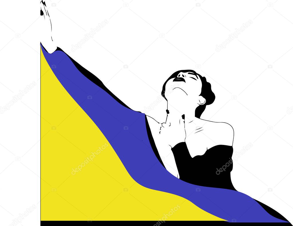 illustration of the woman holding the blue-yellow flag, the colors of the national flag of the country Ukraine,  independence or patriotism concept, Stop war, and concept of peace in Ukraine