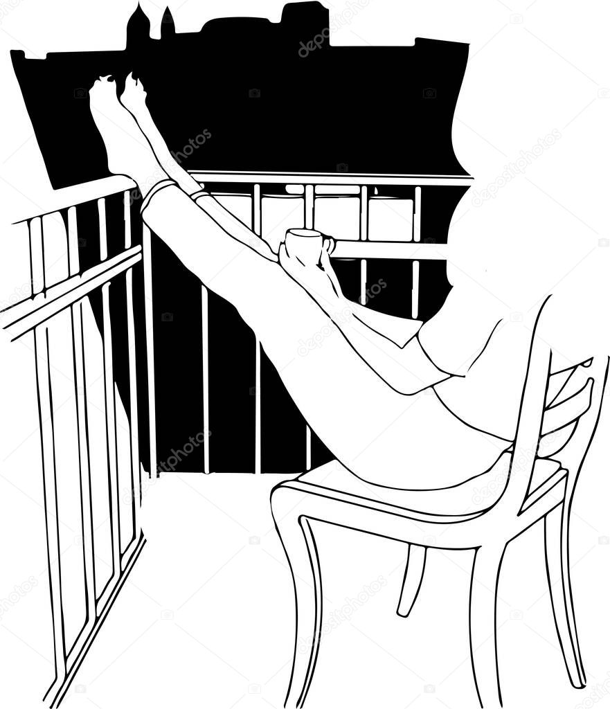   silhouette of a woman sitting on the balcony with a cup of coffee