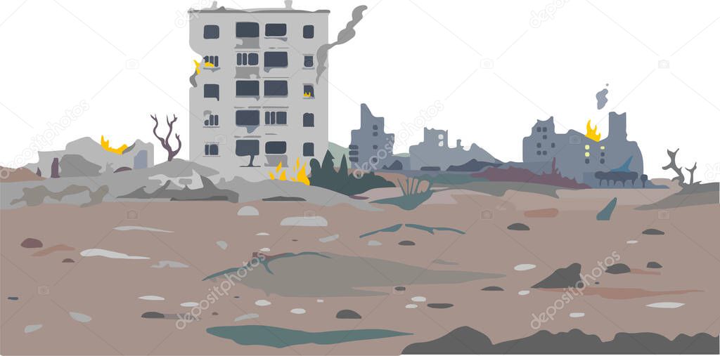 illustration of the destroyed buildings from bombardment, War destruction, War in Ukraine