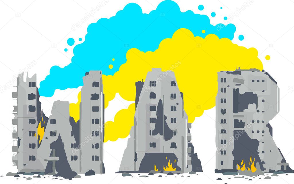 illustration of the destroyed buildings from bombardment in lettering shaped, War destruction, War in Ukraine