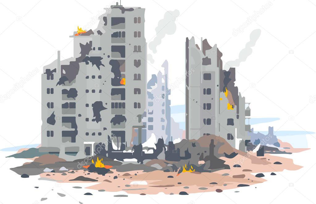illustration of the destroyed buildings from bombardment, War destruction, War in Ukraine