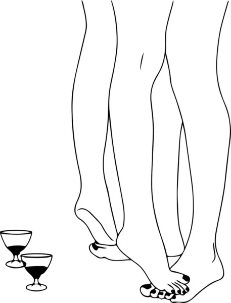 Line Drawing Female Legs Glasses Wine Nearby — стоковый вектор