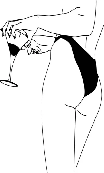 Silhouette Woman Black Bikini Holding Glass Wine — стоковый вектор