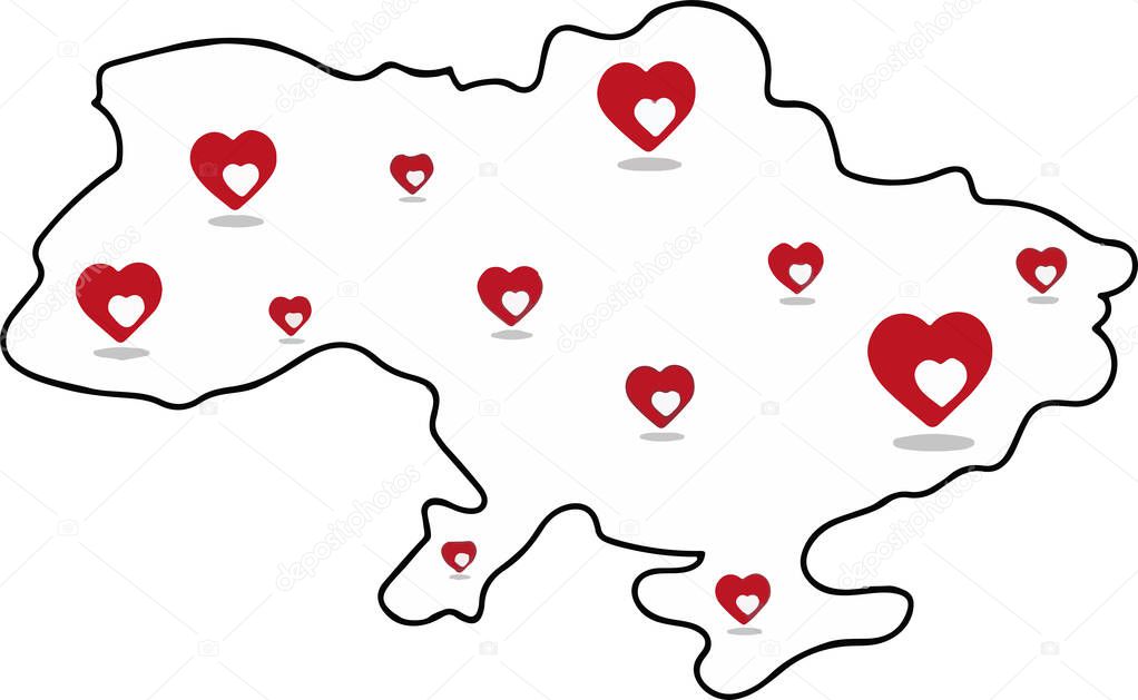 Stop the war in Ukraine. Drawing the borders of Ukraine, Drawing heart-shaped city dots  