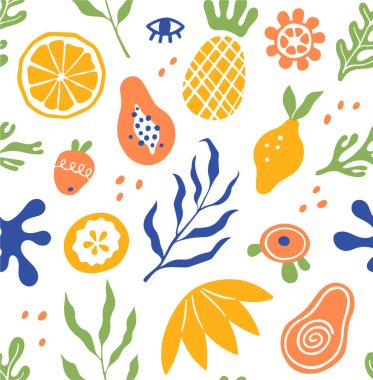 summer seamless pattern with hand-drawn fruits and leaves. colorful vector illustration