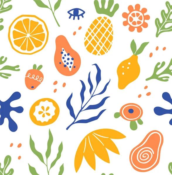 Summer Seamless Pattern Hand Drawn Fruits Leaves Colorful Vector Illustration — 스톡 벡터