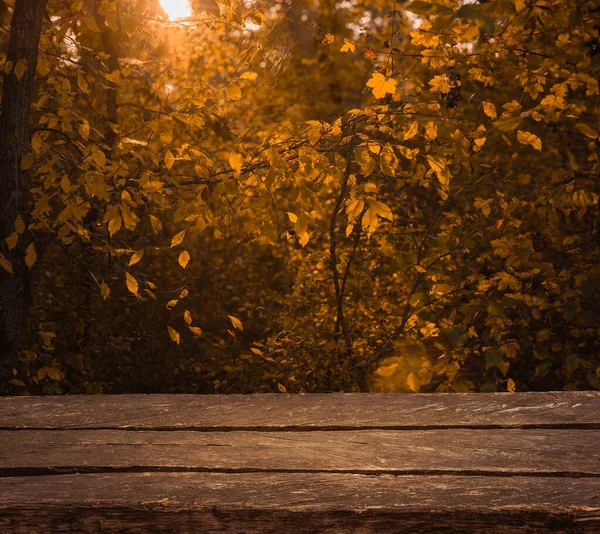 Pusty Stary Brązowy Drewniany Stół Przed Tłem Jesiennych Drzew Pomarańczowych — Zdjęcie stockowe