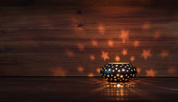 Christmas Decoration Candle Light Stars Shape Light Wooden Background — Stock Photo, Image