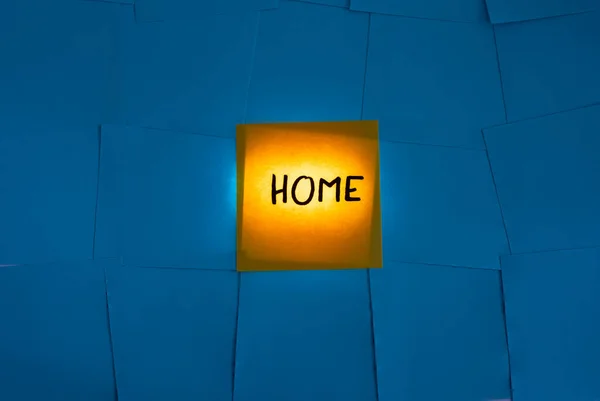 Back Lit Yellow Office Note Card Paper Home Written Blue — Stockfoto