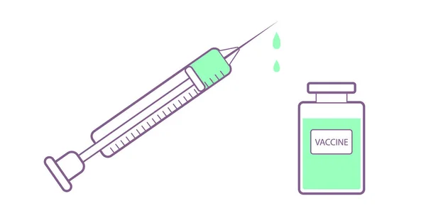 医療ツールのベクトルセットアイコン 平型の注射器とワクチンのベクターイラスト — ストックベクタ
