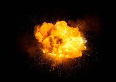 bomb explosion with sparks isolated on black background. Bomb detonation photo