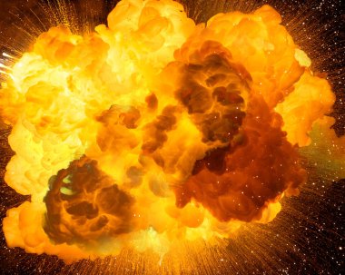 Huge, extreme explosion with sparks and hot smoke, against black background