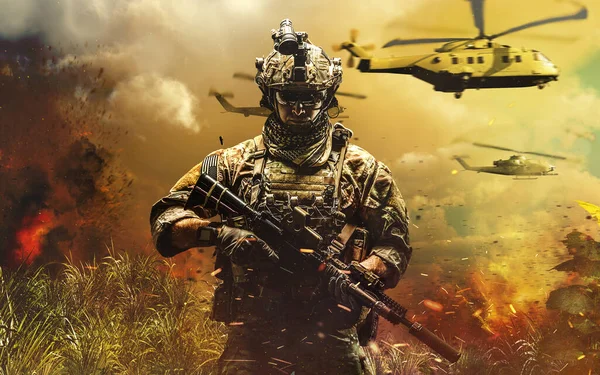 soldier in the desert during combat fight helicopter 