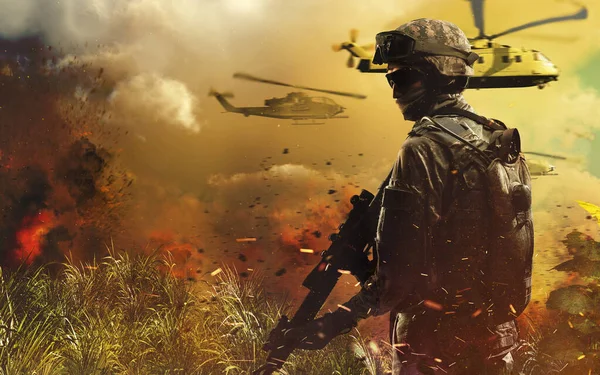 soldier in battlefield explosion background