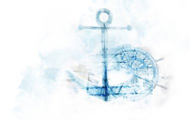 ship anchor and wheel watercolor background concept