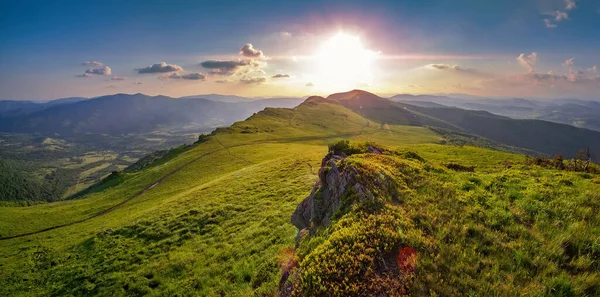 Ukrayna Karpatları 'nda günbatımı. Bir yaz akşamında dağ manzarası. Doğanın dingin sükuneti