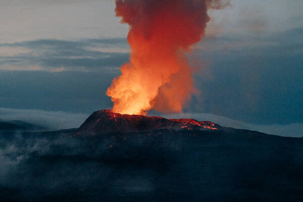 Fagradalsfjall, Iceland - June, 2021: volcano eruption near Reykjavik, Iceland. High quality photo