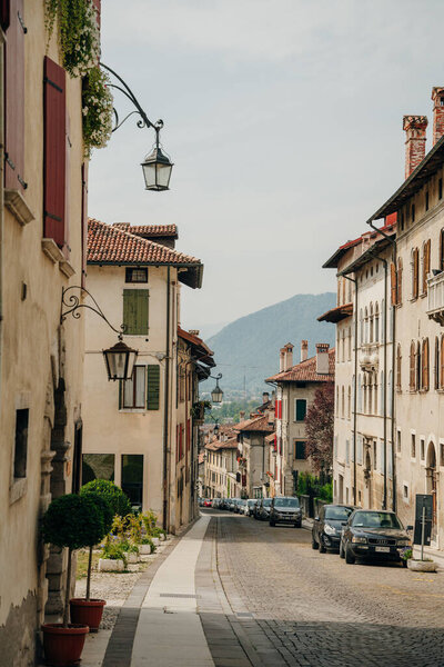 Feltre, Italy - nov, 2021 Street view of the Feltre town in the province of Belluno in Veneto, northern Italy. High quality photo
